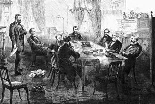 (Original Caption) Cabinet of President Ulysses S. Grant in session. Depicted (L-R) are: Jacob D. Cox; Hamilton Fish; John A. Rawlins; John A.J. Cresswell; President Grant; George S. Boutwell; Adolph E. Borle. Undated Woodcut from Harper's Weekly, drawn by W.S.L. Jewett.